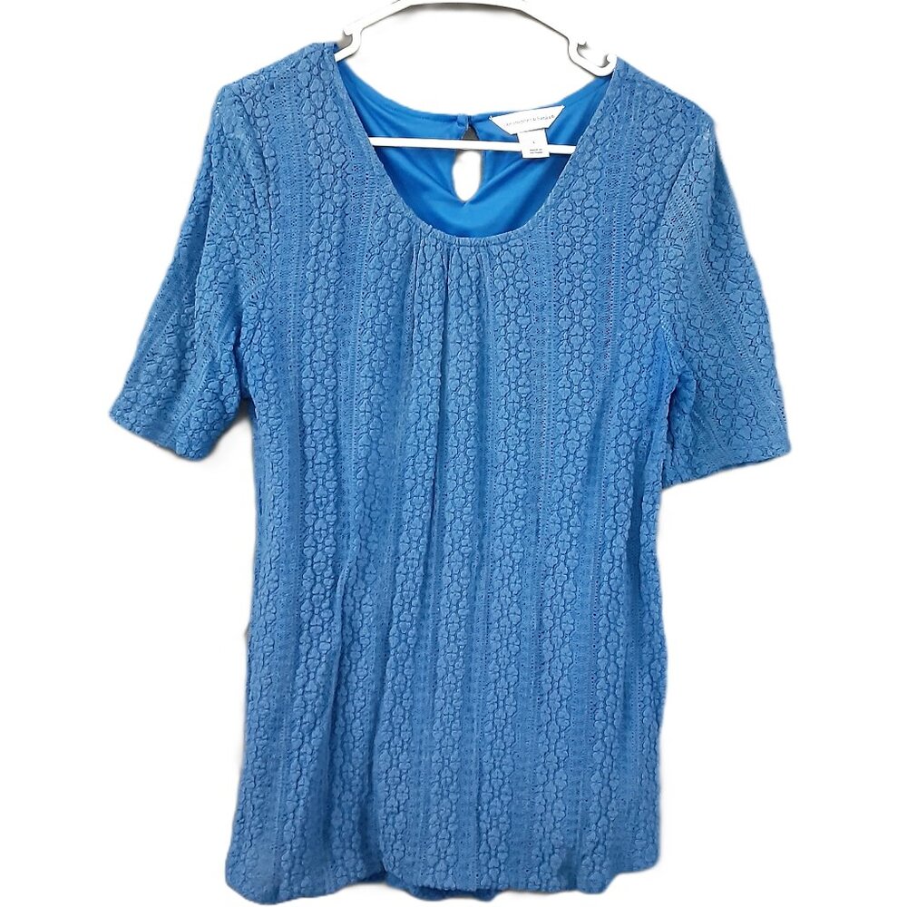 Christopher & Banks Womans Top Size LARGE Pullover Lined, Blue, Short Sleeve